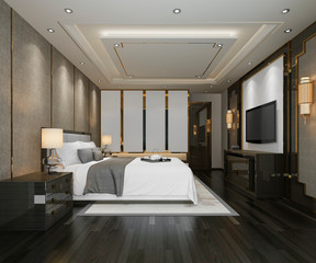 3d rendering luxury modern bedroom suite tv with wardrobe