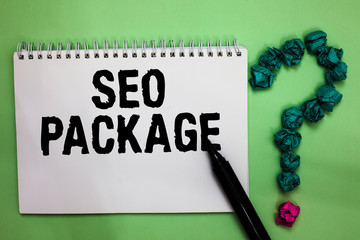 Word writing text Seo Package. Business concept for practice of search engine optimization increase amount visitors Notebook marker crumpled papers forming question mark green background