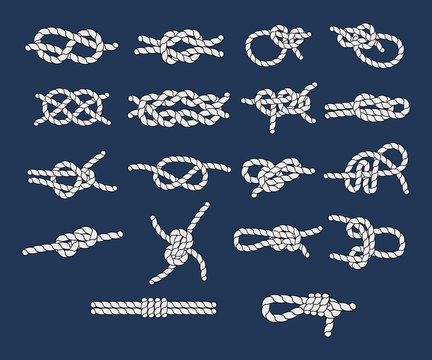 Sea knots and loops set. Marine rope and nautical knot, cord borders, nautical loop vector illustration isolated
