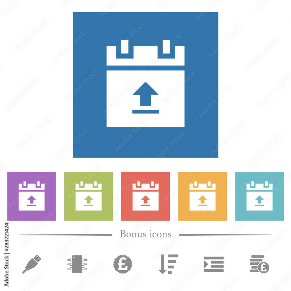 Aufkleber upload schedule data flat white icons in square backgrounds