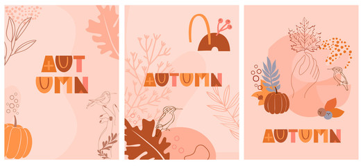 Fototapeta na wymiar Set of abstract fall posters with autumn elements, shapes and plants in one line style. Background for mobile app page minimalistic style. Vector illustration