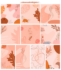 Set of abstract background with autumn elements, shapes and plants in one line style. Background for mobile app page minimalistic style. Vector illustration
