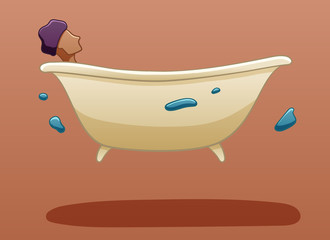 The bath levitates in the air. Inside it is a man with a purple shower cap on his head. Water soars nearby. There is shadow below them on the ground. Brown background, vector.