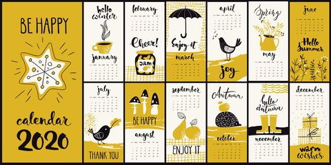 Modern style hand drawn cartoon vector 2020 calendar with monthly symbols in yellow color
