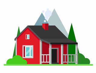 Cartoon red house with a porch and black roof. Flat vector illustration.