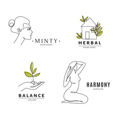 Spa salon logo balance templates with body and nature line art.