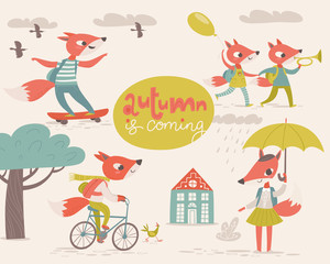 Vector flat retro style autumn card with cartoon foxes.