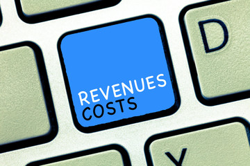 Writing note showing Revenues Costs. Business photo showcasing Total amount of money in Manufacturing and Delivery a product.