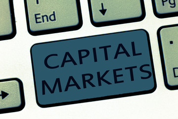 Word writing text Capital Markets. Business concept for Allow businesses to raise funds by providing market security.