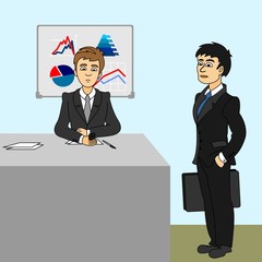 Two businessmen in the office. One sits at a desk and makes a phone call and the other standing by the table with a business bag. Color vector illustration for working and management.