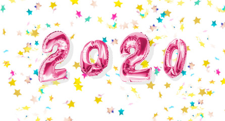 New year decoration 2020. Inflatable pink Numbers on the abstract Background. Happy New Year and christmas  concept with copy space.