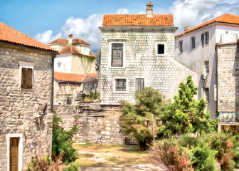 Fototapeta na wymiar Drawing of houses in the old town of Budva, Montenegro
