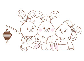 Rabbits celebrating mid autumn festival cartoons in black and white