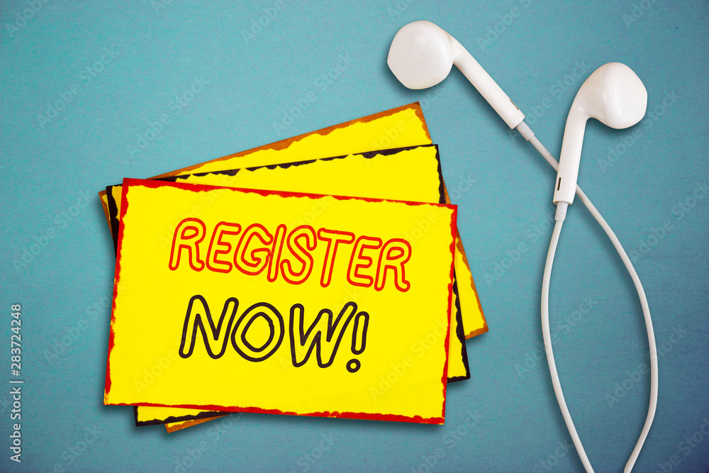 Poster word writing text register now. business concept for name in an official list enlist to be a member 
