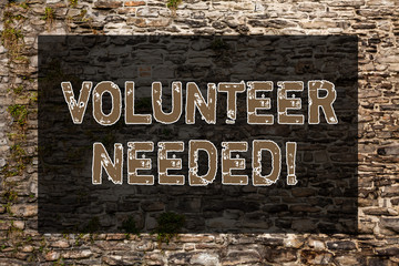 Handwriting text writing Volunteer Needed. Conceptual photo need work for organization without being paid Brick Wall art like Graffiti motivational call written on the wall