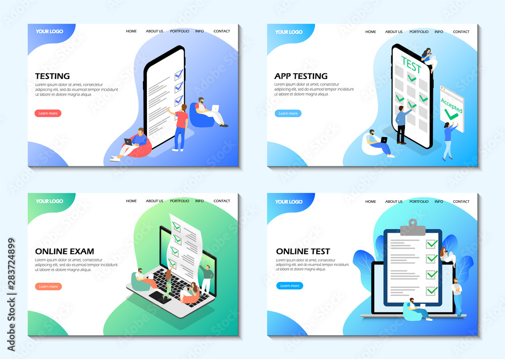 Poster landing pages. online test, online exam, app testing. set of web pages. modern web pages for web sit