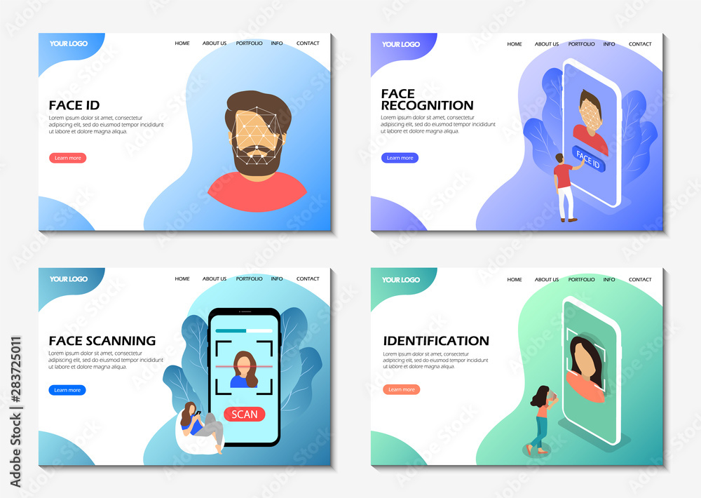 Poster landing pages. face recognition, face scanning, identification. modern web pages for web sites.