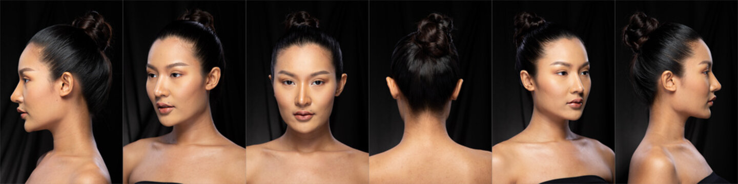 Collage pack group of Portrait Fashion Beautiful Asian Woman make up clean wrapped black hair attractive glam wet look. Studio Lighting dark Background, rear side back view