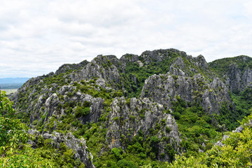 Fototapeta na wymiar beautiful high stone rock in a green forest Has a white background