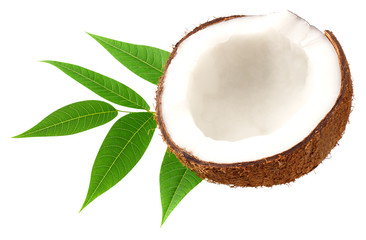 half of coconut with green leaves isolated on white background