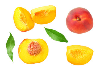 peach fruit with green leaf and slices isolated on white background. top view