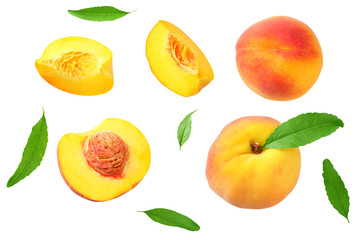 peach fruit with green leaf and slices isolated on white background. top view