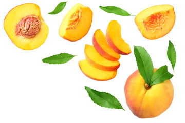 peach fruit with green leaf and slices isolated on white background. top view