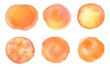 Collection of watercolor abstract orange yellow brush strokes on white background.