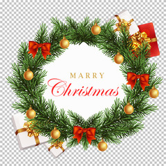 Fototapeta na wymiar Christmas design vector background. Bundle of pine branches, Xmas decoration object, gift box.