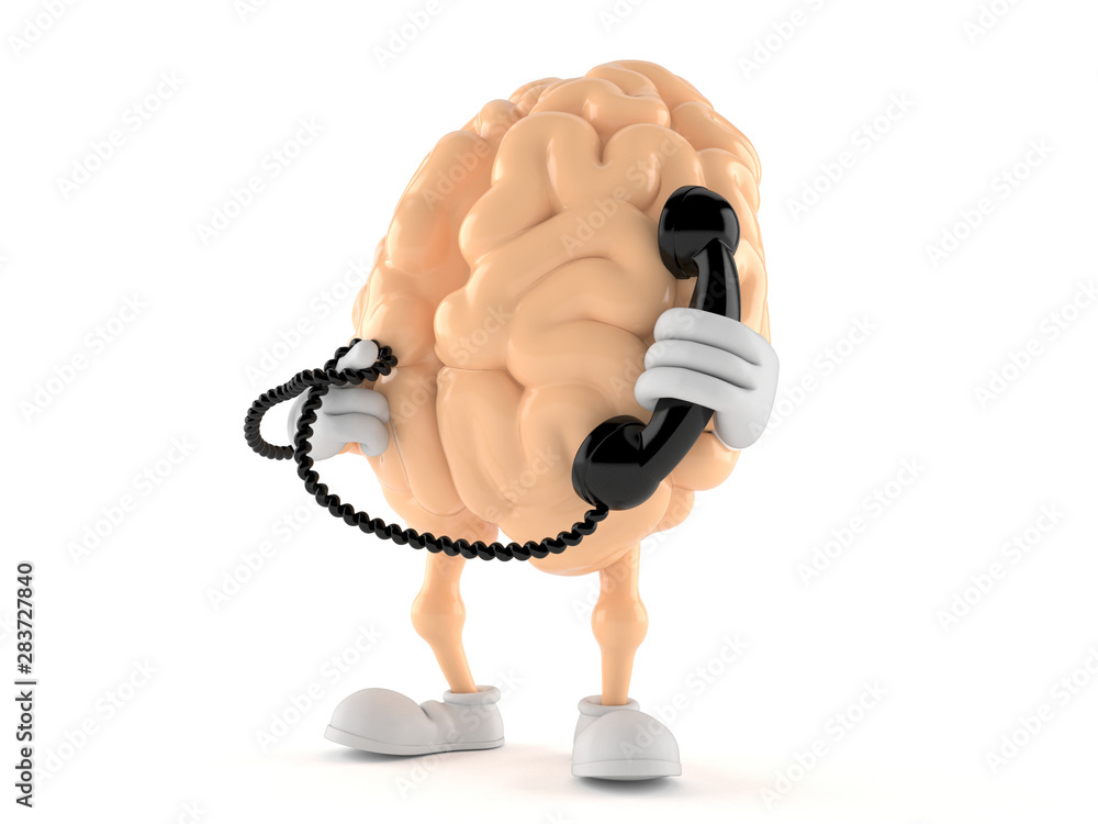 Wall mural brain character holding a telephone handset