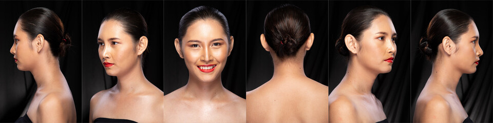 Collage pack group of Portrait Fashion Beautiful Asian Woman make up clean wrapped black hair attractive glam wet look. Studio Lighting dark Background, rear side back view