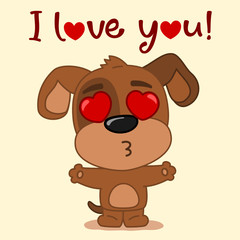 Valentine's day greeting card - funny puppy with red hearts in his eyes and text I love you.