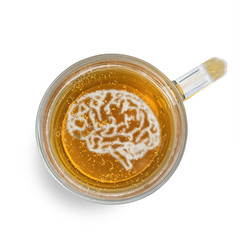 Sign human brain on the beer foam in glass isolated on white background. Top view. Harm of alcohol...
