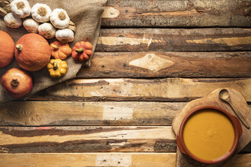 Flat lay autumn harvest and soup