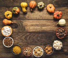 Flat lay circular food frame with vegetables and grains