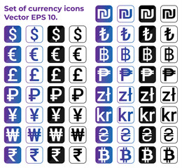 Set of world currency signs in flat style