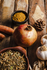 High angle autumn food on wooden background