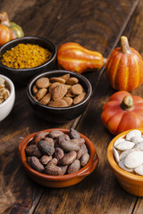 High angle bowls with seeds and pumpkin