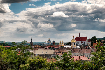 Fototapeta premium Panoramic summer view of Berezhany down town , Ternopil region, Ukraine. August 2019