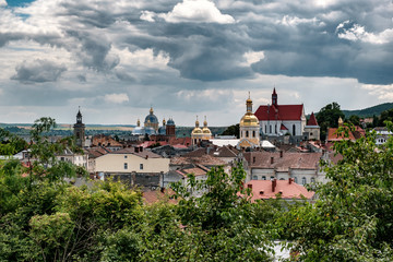 Panoramic summer view of Berezhany down town , Ternopil region, Ukraine. August 2019