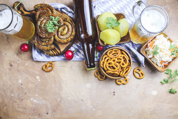 Meal for the Munich Oktoberfest with sausages and beer