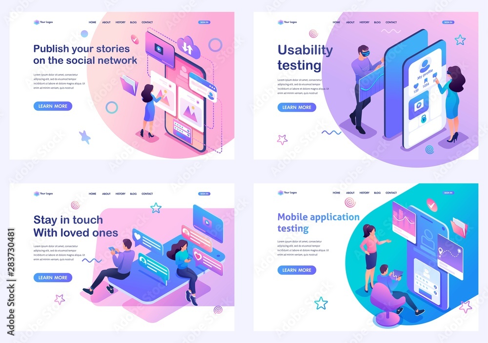 Poster set isometric landing pages, young people test and use mobile applications in social networks. for w