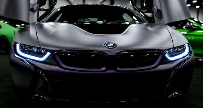 Sankt-Petersburg, Russia, July 21, 2017: Luxury BMW i8 hybrid electric coupe. Plug-in hybrid sport car. Concept electric vehicle. Dark Matt color. Car exterior details. 