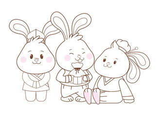 Rabbits celebrating mid autumn festival cartoons in black and white