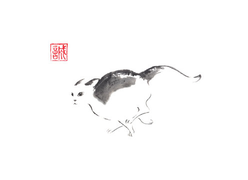 Running cat Japanese style original sumi-e ink painting.
