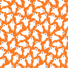 Cute seamless pattern with little dancing ghosts on bright orange background Nice friendly kids spooky halloween texture for textile, wrapping paper, cover, background, wallpaper, surface, web design