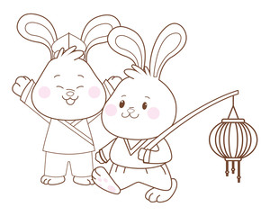 Rabbits in mid autumn festival cartoons in black and white