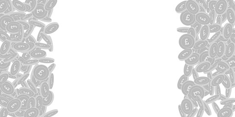 British pound coins falling. Scattered black and w