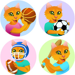 Sport emblems for basketball, soccer, American football and baseball with a domestic cat in the t-shirt as a sportsman