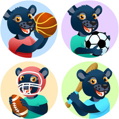 Sport emblems for basketball, soccer, American football and baseball with a wild panther in the t-shirt as a sportsman